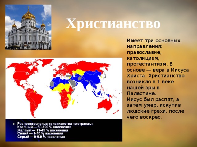  Христианство Имеет три основных направления: православие, католицизм, протестантизм. В основе — вера в Иисуса Христа. Христианство возникло в 1 веке нашей эры в Палестине. Иисус был распят, а затем умер, искупив людские грехи, после чего воскрес. 