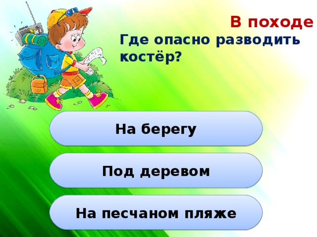 В походе Где опасно разводить костёр? На берегу Под деревом На песчаном пляже 