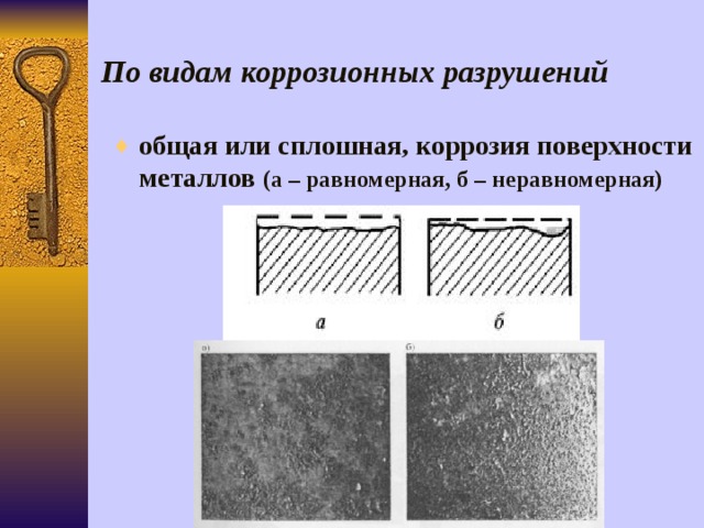 По видам коррозионных разрушений общая или сплошная, коррозия поверхности металлов (а – равномерная, б – неравномерная)    