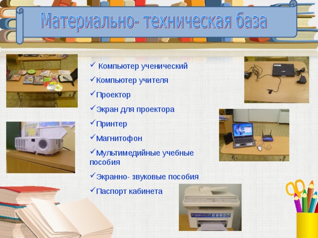  Компьютер ученический Компьютер учителя Проектор Экран для проектора Принтер Магнитофон Мультимедийные учебные пособия Экранно- звуковые пособия Паспорт кабинета 