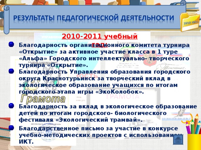 2010-2011 учебный год:  Благодарность организационного комитета турнира «Открытие» за активное участие класса в 1 туре «Альфа» Городского интеллектуально- творческого турнира «Открытие».  Благодарность Управления образования городского округа Краснотурьинск за творческий вклад в экологическое образование учащихся по итогам городского этапа игры «ЭкоКолобок».  Благодарность за вклад в экологическое образование детей по итогам городского- биологического фестиваля «Экологический трамвай».  Благодарственное письмо за участие в конкурсе учебно-методических проектов с использованием ИКТ.  