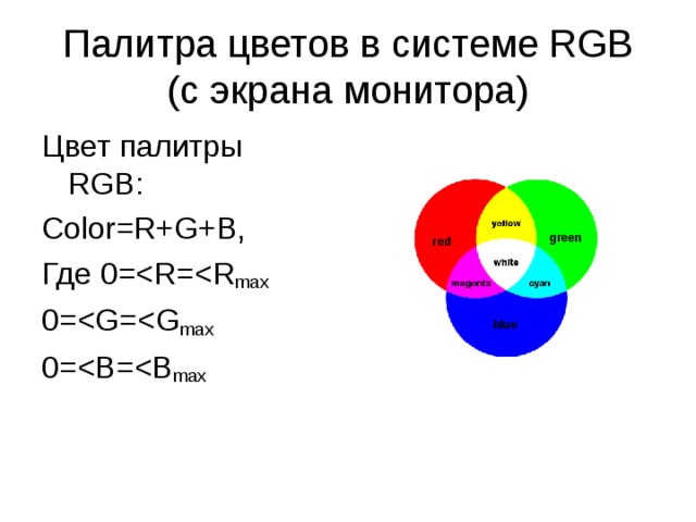 Палитра цветов в системе RGB (c экрана монитора) Цвет палитры RGB : Color=R+G+B, Где 0 =0 =0 =green red blue 