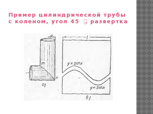 Пример цилиндрической трубы с коленом, угол 45 ͦ. развертка 