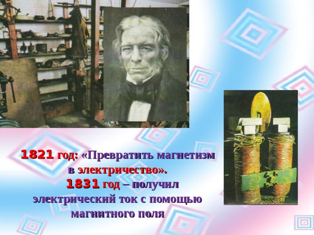 1821 год: «Превратить магнетизм в электричество».  1 8 31 год – получил электрический ток с помощью магнитного поля 