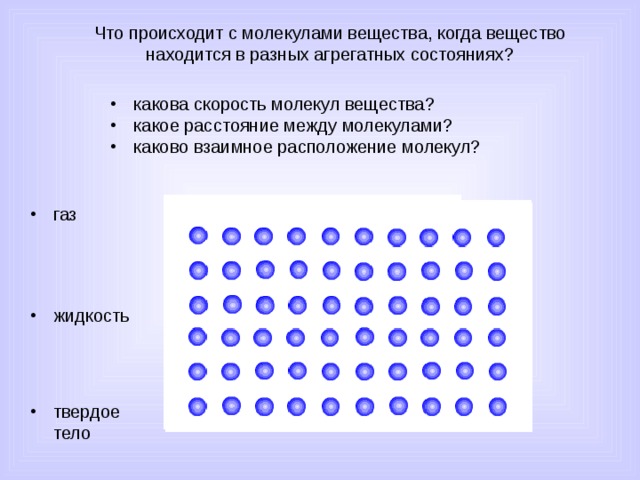 Что происходит с молекулами вещества, когда вещество находится в разных агрегатных состояниях? какова скорость молекул вещества? какое расстояние между молекулами? каково взаимное расположение молекул? газ жидкость твердое тело 