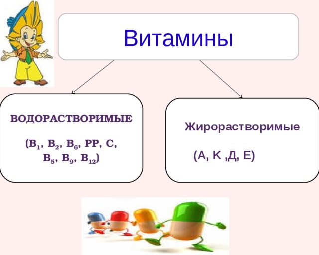 Витамины  ВОДОРАСТВОРИМЫЕ  (В 1 , В 2 , В 6 , РР, С,  В 5 , В 9 , В 12 )   Жирорастворимые  ( A , K ,Д, Е) 