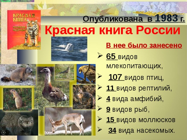 Опубликована в 1983 г. Красная книга России  В нее было занесено   65 видов млекопитающих,  107 видов птиц,  11 видов рептилий, 4 вида амфибий,  9 видов рыб, 15 видов моллюсков  34 вида насекомых. 