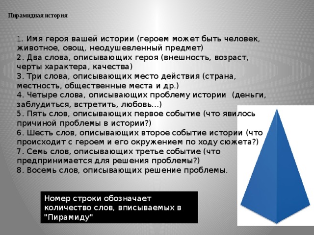 Пирамидная история   1 . Имя героя вашей истории (героем может быть человек, животное, овощ, неодушевленный предмет)  2. Два слова, описывающих героя (внешность, возраст, черты характера, качества)  3. Три слова, описывающих место действия (страна, местность, общественные места и др.)  4. Четыре слова, описывающих проблему истории (деньги, заблудиться, встретить, любовь…)  5. Пять слов, описывающих первое событие (что явилось причиной проблемы в истории?)  6. Шесть слов, описывающих второе событие истории (что происходит с героем и его окружением по ходу сюжета?)  7. Семь слов, описывающих третье событие (что предпринимается для решения проблемы?)  8. Восемь слов, описывающих решение проблемы.   Номер строки обозначает количество слов, вписываемых в 