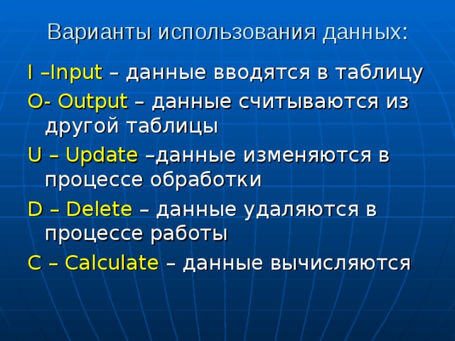 Варианты использования данных: I  –Input  – данные вводятся в таблицу O- Output – данные считываются из другой таблицы U – Update –данные изменяются в процессе обработки D – Delete – данные удаляются в процессе работы C – Calculate – данные вычисляются 
