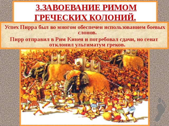  3.ЗАВОЕВАНИЕ РИМОМ ГРЕЧЕСКИХ КОЛОНИЙ.  Успех Пирра был во многом обеспечен использованием боевых слонов. Пирр отправил в Рим Кинея и потребовал сдачи, но сенат отклонил ультиматум греков. 