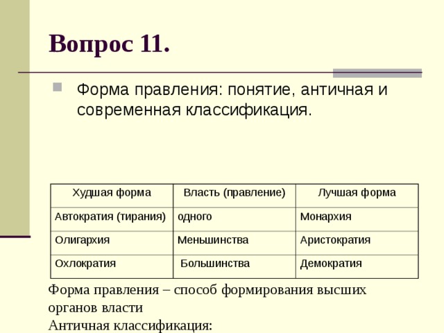 Вопрос 11. Форма правления: понятие, античная и современная классификация.         Форма правления – способ формирования высших органов власти  Античная классификация:         Современная классификация: монархия, республика.       Худшая форма Автократия (тирания) Власть (правление) Лучшая форма одного Олигархия Монархия Охлократия Меньшинства Аристократия  Большинства Демократия 