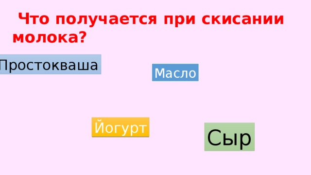  Что получается при скисании молока? Простокваша Масло Йогурт Сыр 
