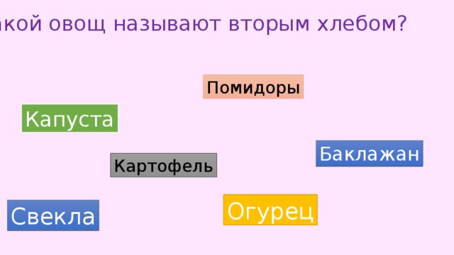  Какой овощ называют вторым хлебом? Помидоры Капуста Баклажан Картофель Огурец Свекла 