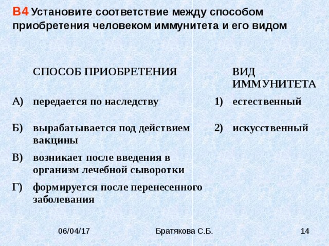 Установите соответствие между примерами и видами иммунитета