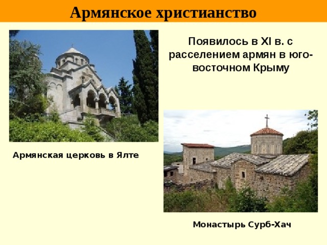Армянское христианство Появилось в XI в. с расселением армян в юго-восточном Крыму Армянская церковь в Ялте Монастырь Сурб-Хач 