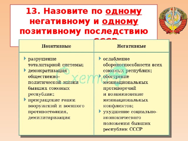 13. Назовите по одному негативному и одному позитивному последствию распада СССР 
