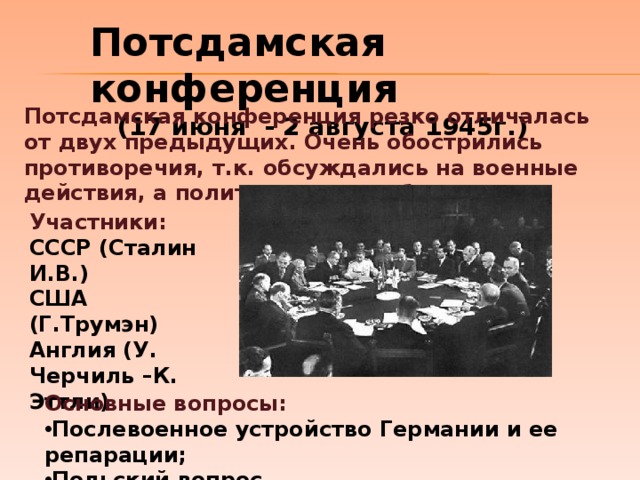 Потсдамская конференция (17 июня - 2 августа 1945г.) Потсдамская конференция резко отличалась от двух предыдущих. Очень обострились противоречия, т.к. обсуждались на военные действия, а политические проблемы. Участники: СССР (Сталин И.В.) США (Г.Трумэн) Англия (У. Черчиль –К. Эттли)  Основные вопросы: Послевоенное устройство Германии и ее репарации; Польский вопрос 