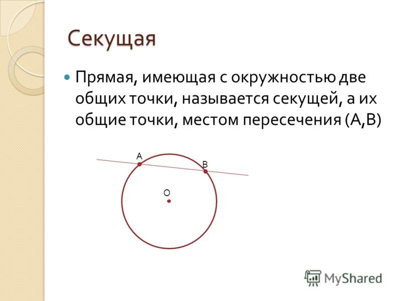 Пересечение прямой и окружности. Секущая прямая. Прямая и окружность имеют две Общие точки. Секущая к окружности. Прямая, имеющая с окружностью две Общие точки, называется секущей..