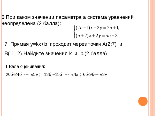 6.При каком значении параметра a система уравнений неопределена (2 балла): 7. Прямая y=kx+b проходит через точки A(2;7) и B (-1;-2).Найдите значения k и b.(2 балла) Шкала оценивания: 20б-24б --- «5» ; 13б –15б --- «4» ; 6б-9б--- «3» 