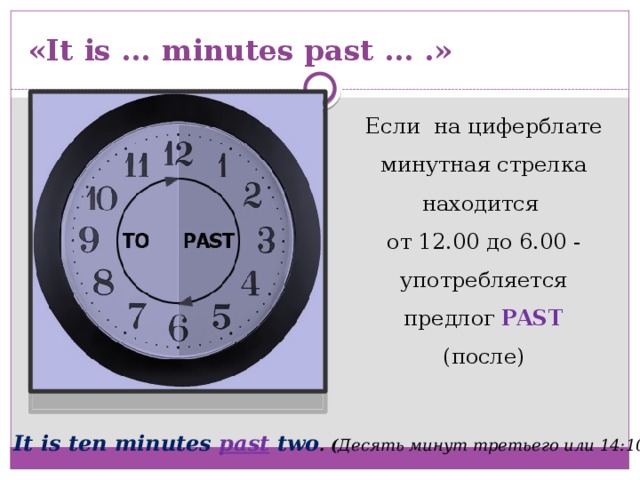 «It is … minutes past … .» Если на циферблате минутная стрелка находится от 12.00 до 6.00 - употребляется предлог PAST (после) It is ten minutes past two . ( Десять минут третьего или 14:10 ) 
