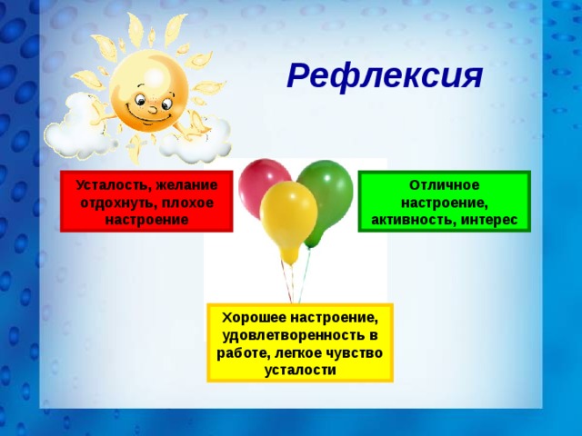 Рефлексия Усталость, желание отдохнуть, плохое настроение Отличное настроение, активность, интерес Хорошее настроение, удовлетворенность в работе, легкое чувство усталости 