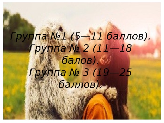 Группа №1 (5—11 баллов).  Группа № 2 (11—18 балов).  Группа № 3 (19—25 баллов). 