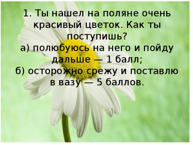 1. Ты нашел на поляне очень красивый цветок. Как ты поступишь?  а) полюбуюсь на него и пойду дальше — 1 балл;  б) осторожно срежу и поставлю в вазу — 5 баллов.   