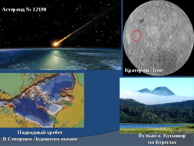 Астероид № 12190 Кратер на Луне Подводный хребет В Северном Ледовитом океане  Вулкан о. Кунашир на Курилах