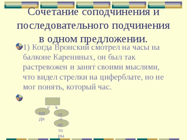 Сочетание соподчинения и последовательного подчинения в одном предложении. 1) Когда Вронский смотрел на часы на балконе Карениных, он был так растревожен и занят своими мыслями, что видел стрелки на циферблате, но не мог понять, который час. когда что который 