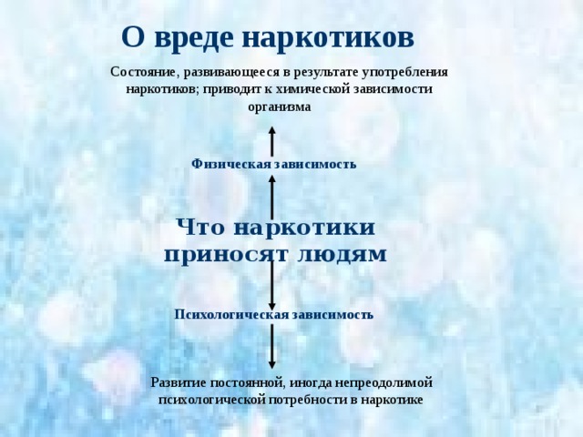  лжец тот, кто разделяет наркотики на «сильные» и «слабые», утверждая, что последние безвредны;  первая доза наркотика доставляет кратковременное удовольствие, затем она многократно возрастает – начинается привыкание;  наркотическая дурь лишает интереса к жизни, доводя до одиночества и самоубийства;  ни запреты, ни свобода потребления наркотиков от заболевания наркоманией не спасают;  только сам человек не допустит развитие болезни, если скажет наркотику « НЕТ ». 