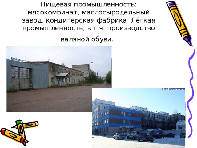 Пищевая промышленность: мясокомбинат, маслосыродельный завод, кондитерская фабрика. Лёгкая промышленность, в т.ч. производство валяной обуви.  