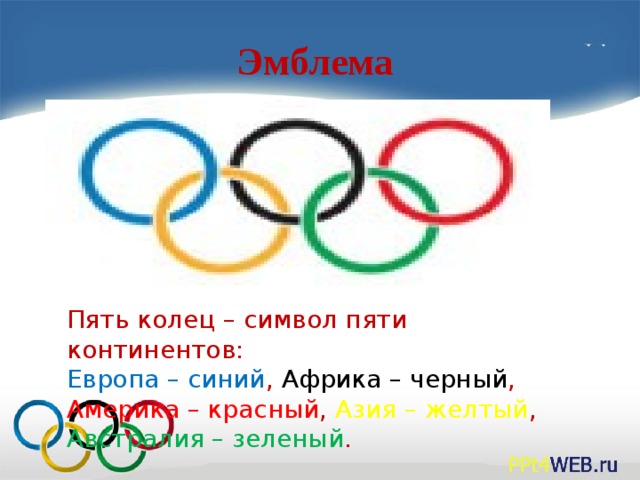 Эмблема   Пять колец – символ пяти континентов:  Европа – синий , Африка – черный , Америка – красный , Азия – желтый , Австралия – зеленый .