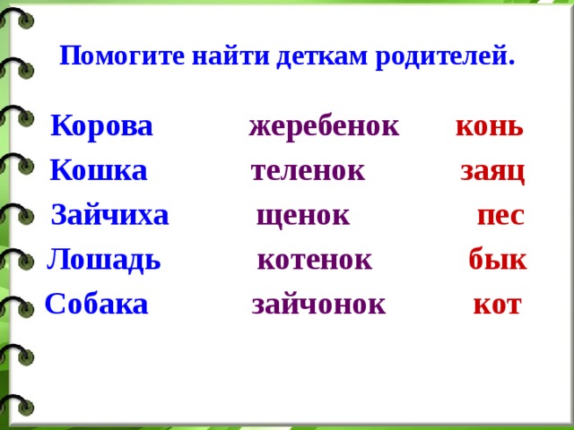 Схема слова зайчиха. Жеребенок проверочное слово. Теленок проверочное слово. Найди в каждом слове другое слово жеребенок. Помогите деткам найти родителей 1 класс лошадь кошка.