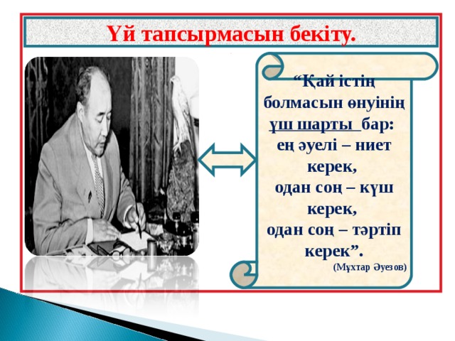 Үй тапсырмасын бекіту. “ Қай істің болмасын өнуінің үш шарты бар: ең әуелі – ниет керек, одан соң – күш керек, одан соң – тәртіп керек”. (Мұхтар Әуезов)  