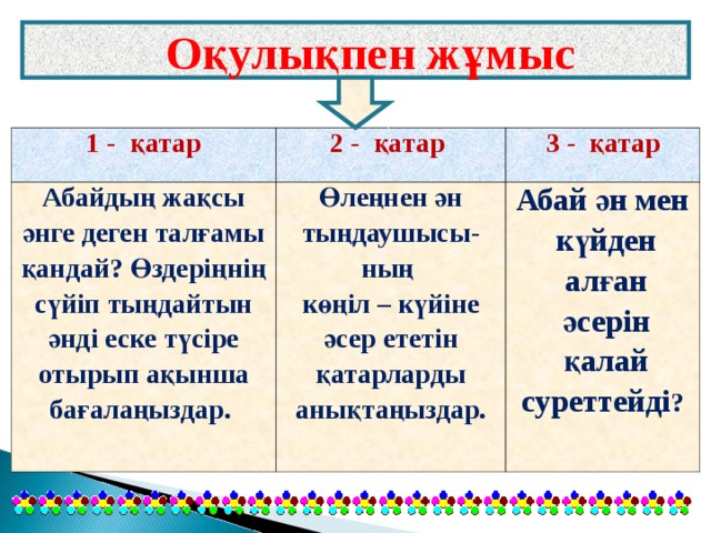  Оқулықпен жұмыс 1 - қатар 2 - қатар Абайдың жақсы әнге деген талғамы қандай? Өздеріңнің сүйіп тыңдайтын әнді еске түсіре отырып ақынша бағалаңыздар. 3 - қатар Өлеңнен ән тыңдаушысы-ның көңіл – күйіне әсер ететін қатарларды анықтаңыздар. Абай ән мен күйден алған әсерін қалай суреттейді ? 