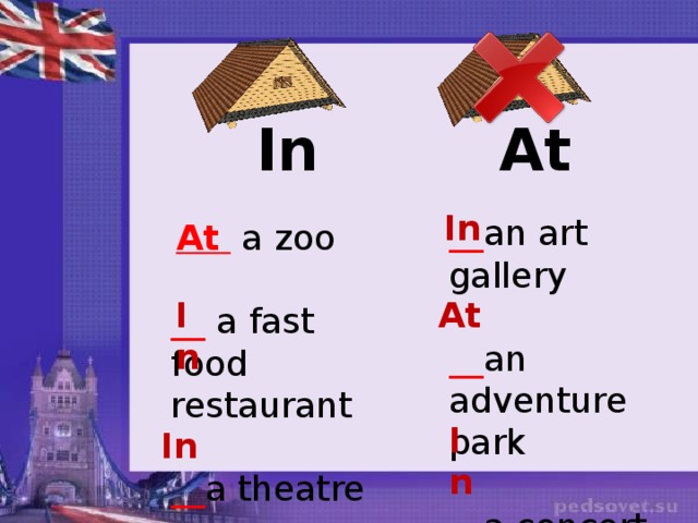 At In     At  a zoo   __ a fast food restaurant   __ a theatre   In __ an art gallery   __ an adventure park   __ a concert hall In At In In 