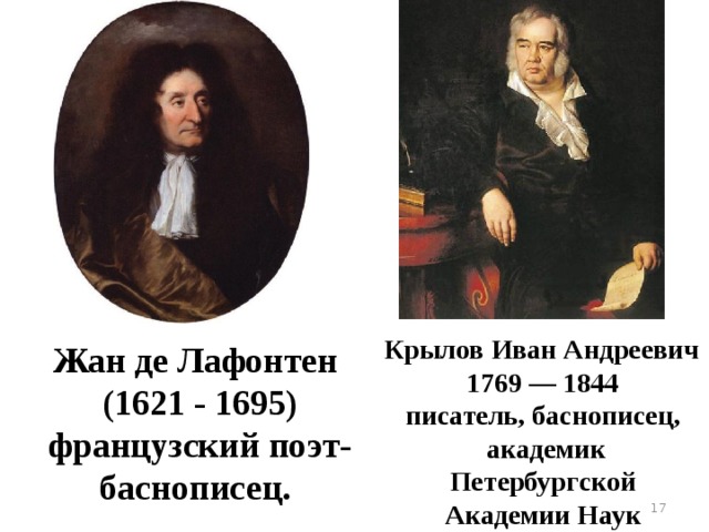 Крылов Иван Андреевич 1769 — 1844 писатель, баснописец,  академик Петербургской  Академии Наук  Жан де Лафонтен   (1621 - 1695)  французский поэт-баснописец.  