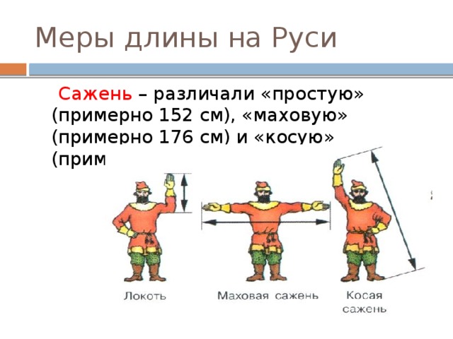 Меры длины на Руси  Сажень – различали «простую» (примерно 152 см), «маховую» (примерно 176 см) и «косую» (примерно 248 см) 