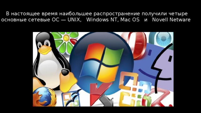  В настоящее время наибольшее распространение получили четыре основные сетевые ОС — UNIX, Windows NT, Mac OS и Novell Netware 