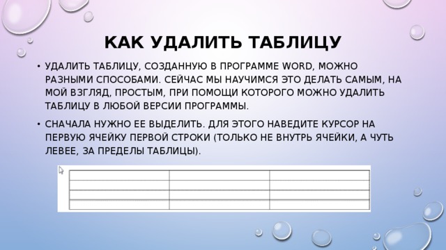 Как удалить таблицу   Удалить таблицу, созданную в программе Word, можно разными способами. Сейчас мы научимся это делать самым, на мой взгляд, простым, при помощи которого можно удалить таблицу в любой версии программы. Сначала нужно ее выделить. Для этого наведите курсор на первую ячейку первой строки (только не внутрь ячейки, а чуть левее, за пределы таблицы). 