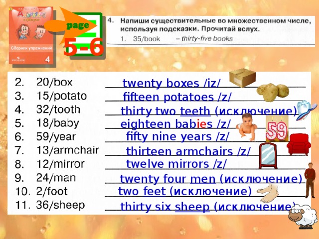 5-6  twenty boxes /iz/  fifteen potatoes /z/  thirty two teeth (исключение)  eighteen bab ie s /z/  fifty nine years /z/  thirteen armchairs /z/ Письменно  twelve mirrors /z/  twenty four men (исключение)  two feet (исключение)  thirty six sheep (исключение)  