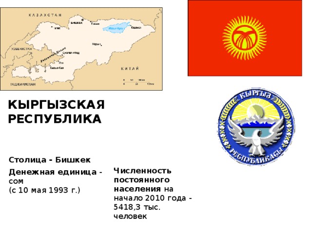 КЫРГЫЗСКАЯ РЕСПУБЛИКА       Столица - Бишкек  Денежная единица - сом (с 10 мая 1993 г.) Численность постоянного населения на начало 2010 года - 5418,3 тыс. человек 