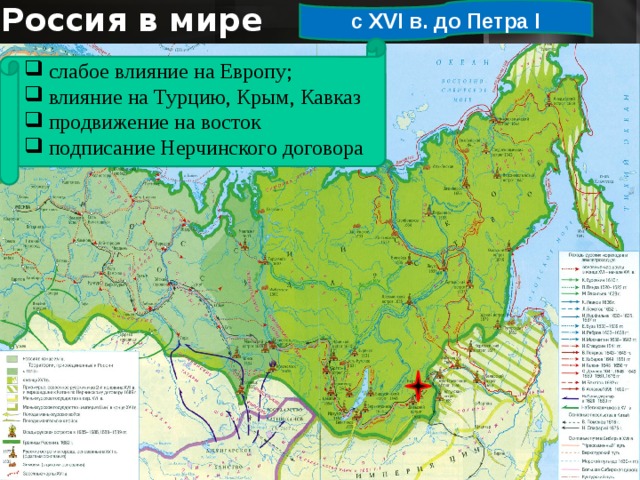 с XVI в. до Петра I Россия в мире  слабое влияние на Европу;  влияние на Турцию, Крым, Кавказ  продвижение на восток  подписание Нерчинского договора 