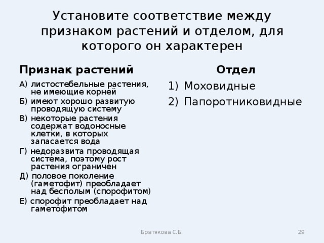 Установите соответствие между признаком растений и отделом, для которого он характерен Признак растений Отдел А) листостебельные растения, не имеющие корней Б) имеют хорошо развитую проводящую систему В) некоторые растения содержат водоносные клетки, в которых запасается вода Г) недоразвита проводящая система, поэтому рост растения ограничен Д) половое поколение (гаметофит) преобладает над бесполым (спорофитом) Е) спорофит преобладает над гаметофитом Моховидные Папоротниковидные Братякова С.Б.  