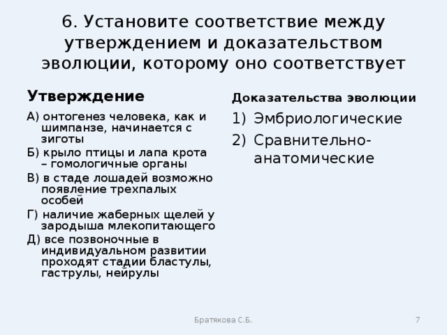 6. Установите соответствие между утверждением и доказательством эволюции, которому оно соответствует Утверждение Доказательства эволюции А) онтогенез человека, как и шимпанзе, начинается с зиготы Б) крыло птицы и лапа крота – гомологичные органы В) в стаде лошадей возможно появление трехпалых особей Г) наличие жаберных щелей у зародыша млекопитающего Д) все позвоночные в индивидуальном развитии проходят стадии бластулы, гаструлы, нейрулы Эмбриологические Сравнительно-анатомические Братякова С.Б.  