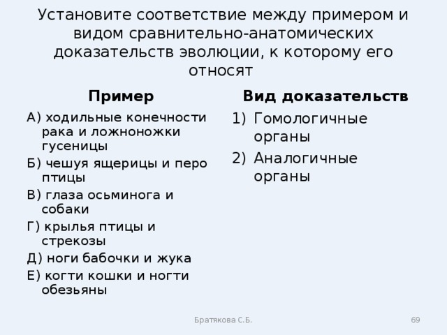 Установите соответствие между примером и видом сравнительно-анатомических доказательств эволюции, к которому его относят Пример Вид доказательств А) ходильные конечности рака и ложноножки гусеницы Б) чешуя ящерицы и перо птицы В) глаза осьминога и собаки Г) крылья птицы и стрекозы Д) ноги бабочки и жука Е) когти кошки и ногти обезьяны Гомологичные органы Аналогичные органы Братякова С.Б.  