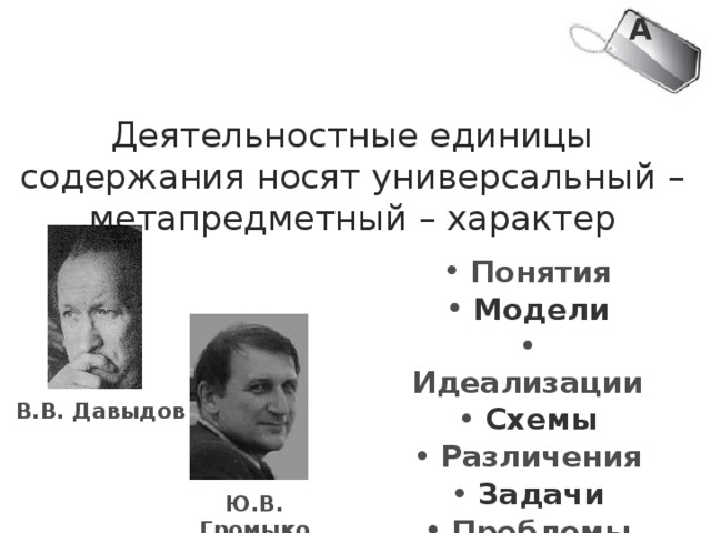А Деятельностные единицы содержания носят универсальный – метапредметный – характер  Понятия  Модели  Идеализации  Схемы  Различения  Задачи  Проблемы В.В. Давыдов Ю.В. Громыко 