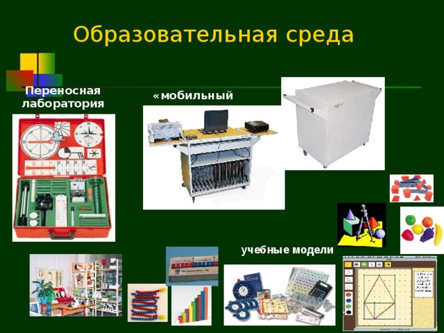Образовательная среда Переносная лаборатория «мобильный класс»  Современная промышленность позволяет оснастить класс самыми различными средствами обучения – от мобильных классов до переносных лабораторий и наглядных средств. Особую значимость на этом этапе имеет предметная среда. При этом ее наполнение не обязательно требует значительных затрат: многие предметы для различных манипулирований могут быть изготовлены на уроках труда и материальных технологий самими учащимися (например, «геометрическая доска», модели тел вращения и многогранников и др.) или принесены из дома (например, горох, крупа и т.д. могут выступать в качестве счетного материала) учебные модели  