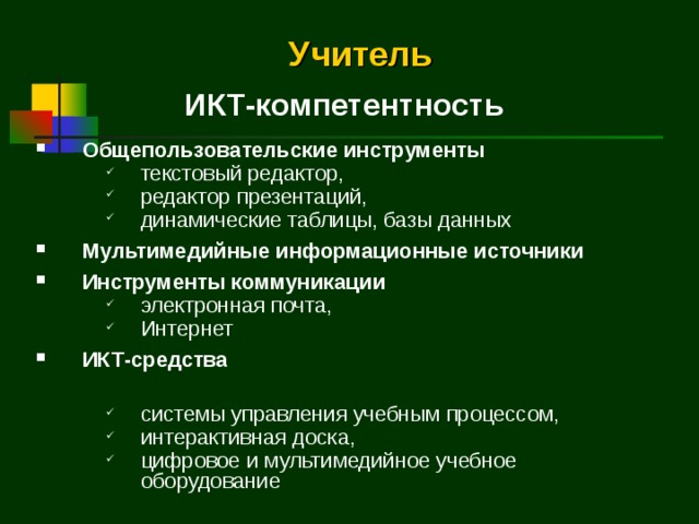 Учитель ИКТ-компетентность Общепользовательские инструменты текстовый редактор, редактор презентаций, динамические таблицы, базы данных текстовый редактор, редактор презентаций, динамические таблицы, базы данных текстовый редактор, редактор презентаций, динамические таблицы, базы данных Мультимедийные информационные источники Инструменты коммуникации электронная почта, Интернет электронная почта, Интернет электронная почта, Интернет ИКТ-средства  системы управления учебным процессом, интерактивная доска, цифровое и мультимедийное учебное оборудование системы управления учебным процессом, интерактивная доска, цифровое и мультимедийное учебное оборудование системы управления учебным процессом, интерактивная доска, цифровое и мультимедийное учебное оборудование  