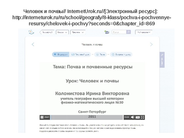 Человек и почвы// InternetUrok.ru//[Электронный ресурс]:  http://interneturok.ru/ru/school/geografy/8-klass/pochva-i-pochvennye-resursy/chelovek-i-pochvy?seconds=0&chapter_id=869 
